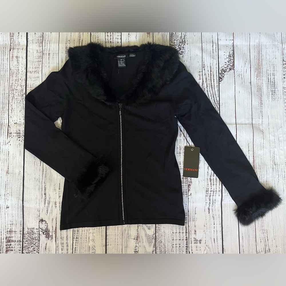Vermani Silk/Spandex Fur Trim Full Zip Cardigan Sweater Rhinestone Zip Black NWT